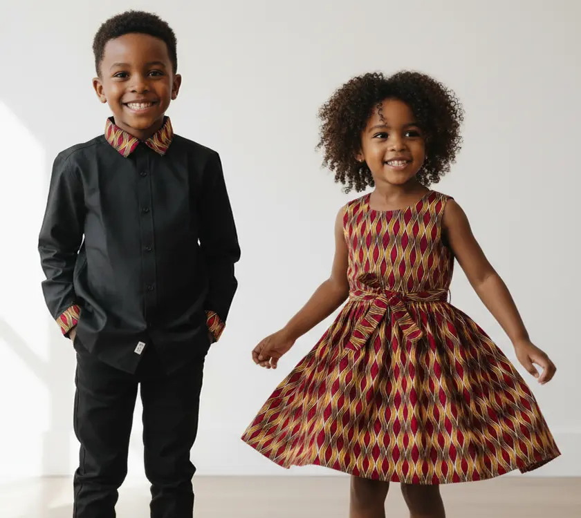 Children's formal African collar shirt and diamond print dress