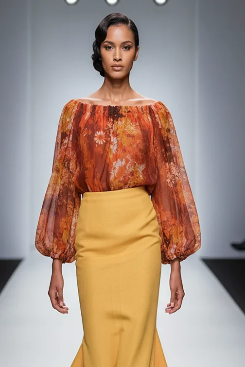 Heritage floral off-shoulder blouse with gold mermaid skirt