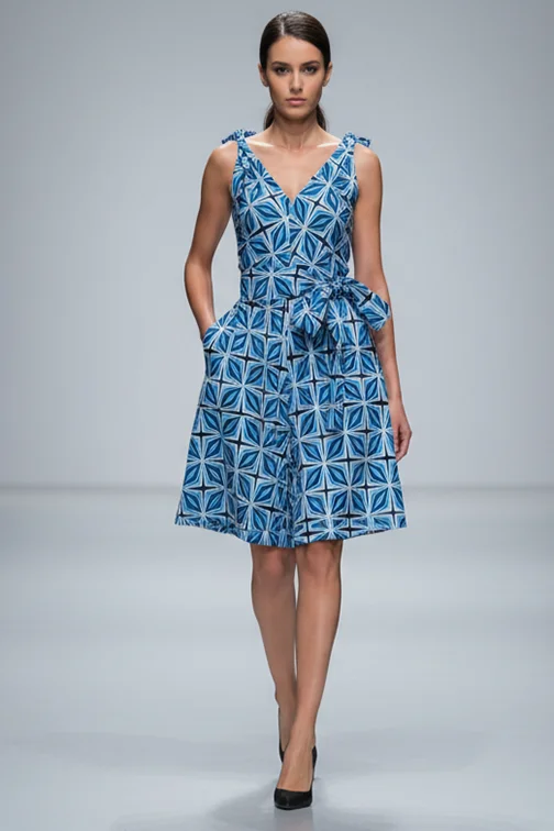 Heritage blue geometric star print tied dress