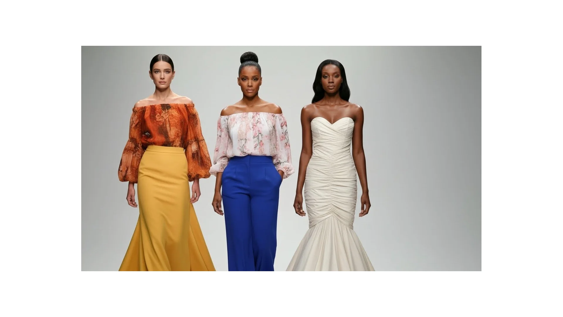 Three models wearing Shunamite Concepts — heritage floral blouse with gold mermaid skirt, floral chiffon blouse with cobalt trousers, ivory strapless mermaid gown